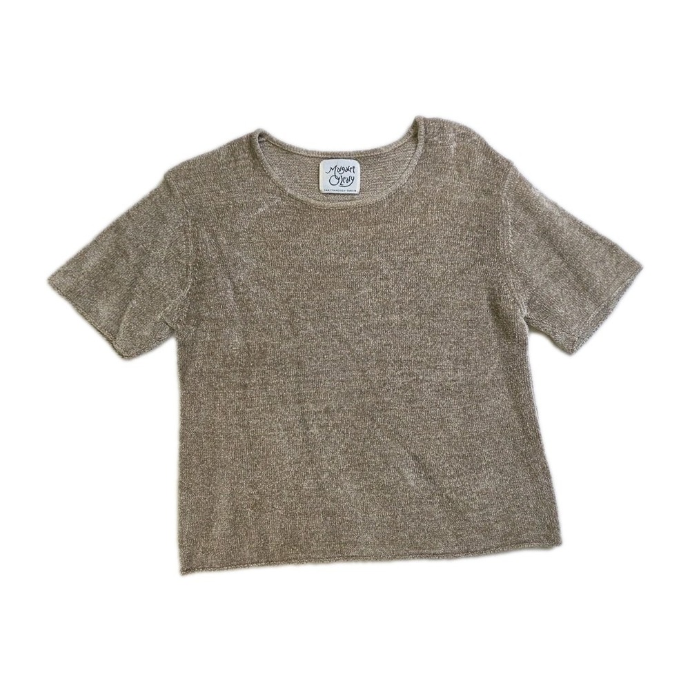 Vtg 90s MARGARET O'LEARY Chenille Knit Top Tan Heather Rayon Stretch Sweater S?